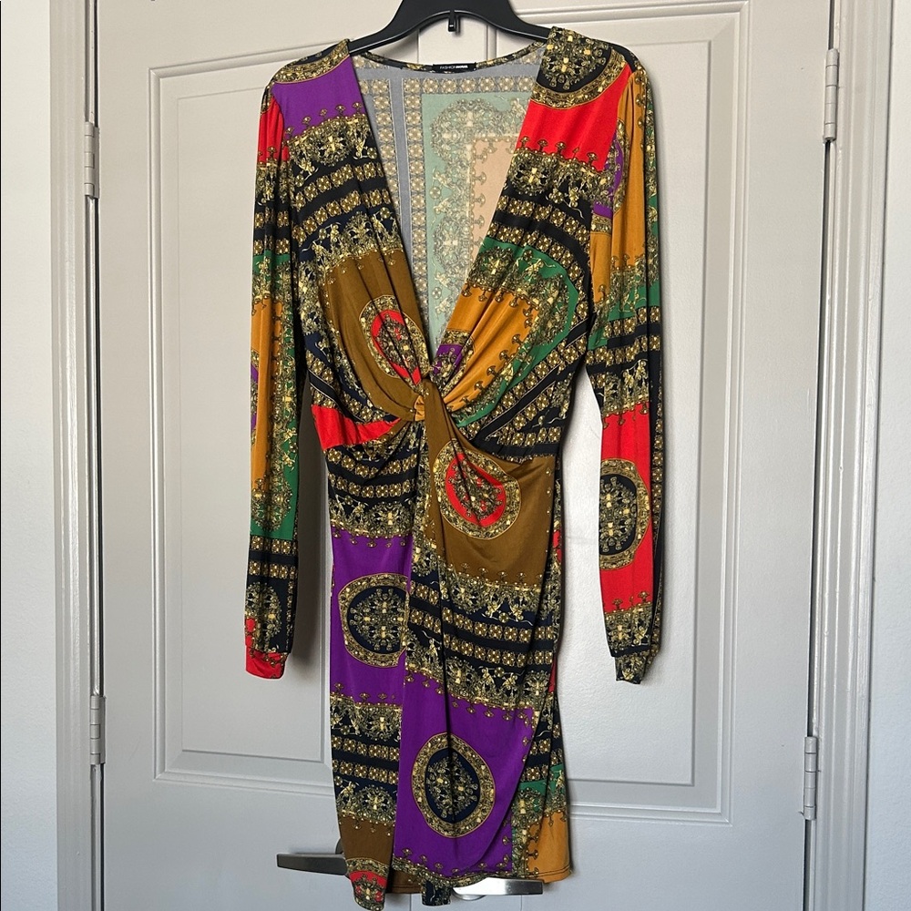 Versace-esque Deep V Neck Long Sleeve Dress